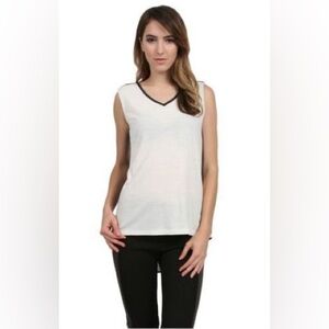 STELLA & JAMIE Ivory w/Black Studded Leather Yolk & Neckline Tank Top NWT Medium